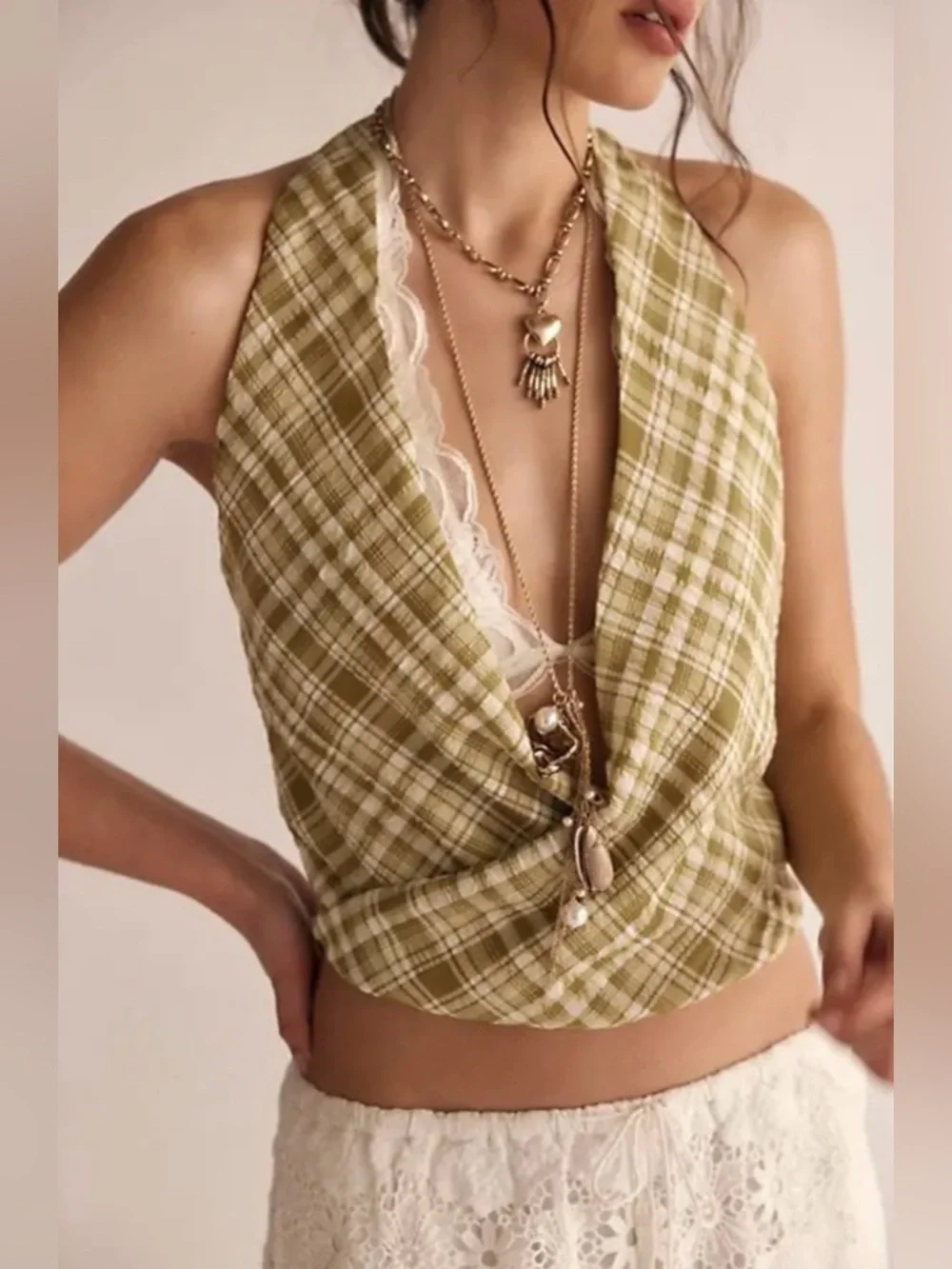 NWT Free People XS Traymore Plaid Set in Avocado 🥑 Oil Green 2 PIECE New $198 - Picture 7 of 11